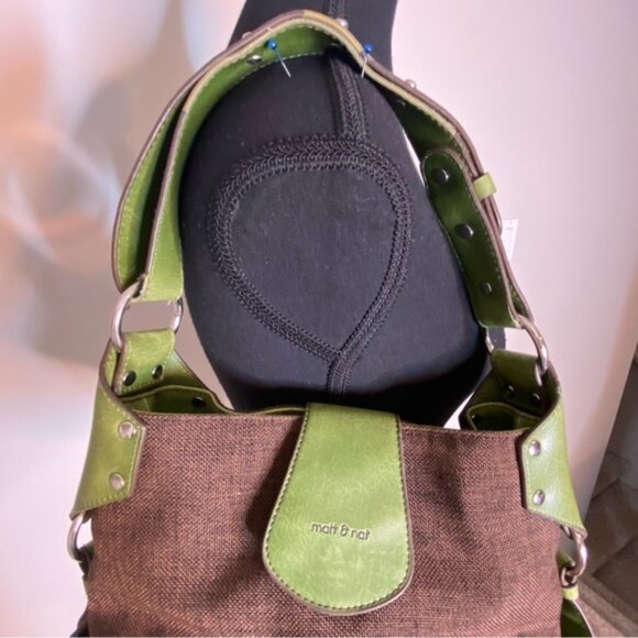 MATT  & NAT Vegan Brown Green Shoulder Bag Canvas Faux Leather - Picture 4 of 16
